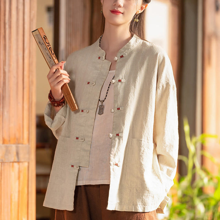 Camisa con botones de rana y Buddha Stones, Top de meditación Zen, chaqueta de lino y algodón - Beige (busto 120 cm) (solo parte superior) - image 0