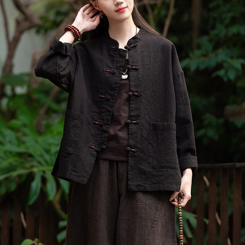 Camisa con botones de rana y Buddha Stones, Top de meditación Zen, chaqueta de lino y algodón - Negro (busto 120 cm) (solo parte superior) - image 7