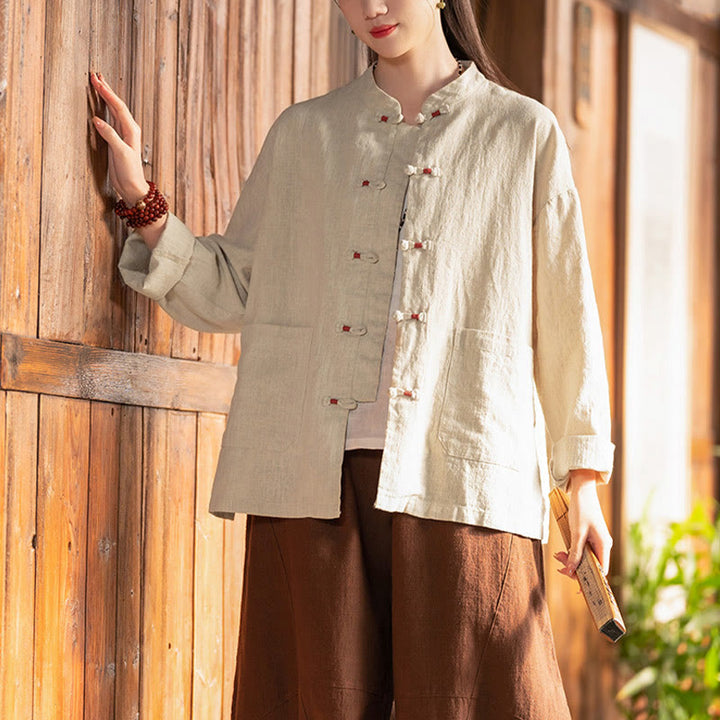 Camisa con botones de rana y Buddha Stones, Top de meditación Zen, chaqueta de lino y algodón - image 2