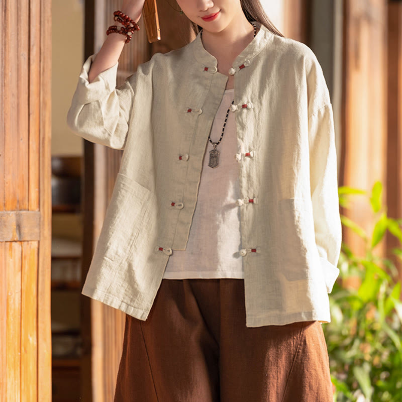 Camisa con botones de rana y Buddha Stones, Top de meditación Zen, chaqueta de lino y algodón - image 1