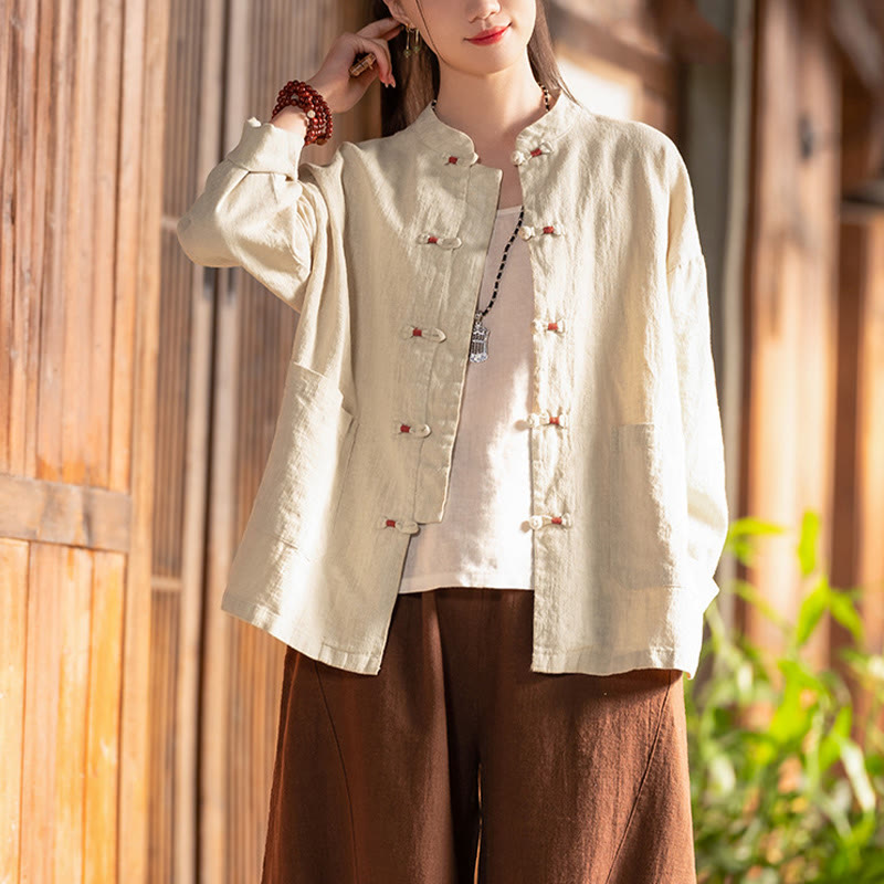 Camisa con botones de rana y Buddha Stones, Top de meditación Zen, chaqueta de lino y algodón - image 5