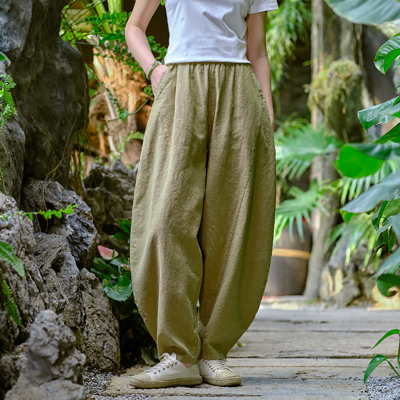 Pantalones harén de yoga sueltos de color sólido con Buddha Stones y bolsillos - Caqui, US2-8/10，UK/AU6-12/14，EU34-40/42 (F) - image 0