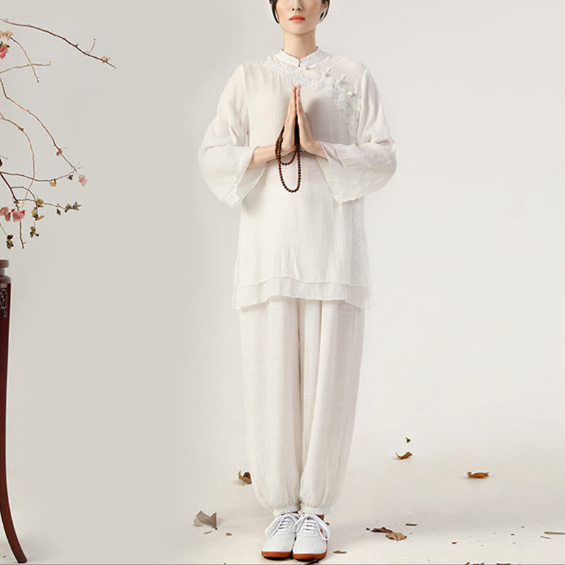Conjunto de ropa de uniforme de Tai Chi para mujer, 2 uds., manga larga, botón de rana, meditación, oración, práctica Zen, Buddha Stones - Botones laterales blancos tipo rana (parte superior y pantalón) - US8-10，UK/AU12-14，EU40-42 (2XL) - image 0