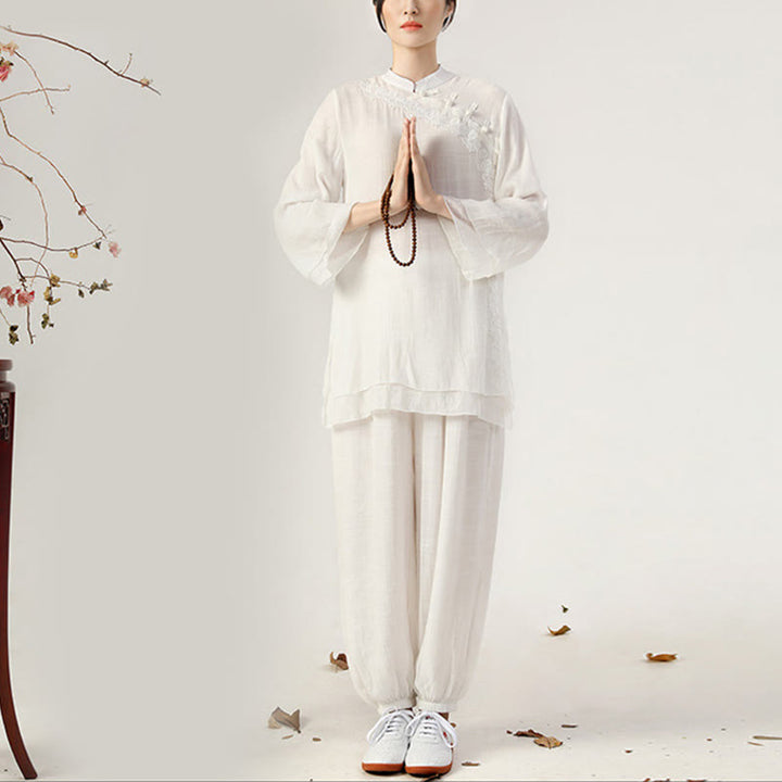 Conjunto de ropa de uniforme de Tai Chi para mujer, 2 uds., manga larga, botón de rana, meditación, oración, práctica Zen, Buddha Stones - Botones laterales blancos tipo rana (parte superior y pantalón) - US8-10，UK/AU12-14，EU40-42 (2XL) - image 0