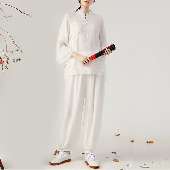 Conjunto de ropa de uniforme de Tai Chi para mujer, 2 uds., manga larga, botón de rana, meditación, oración, práctica Zen, Buddha Stones - Conjunto blanco de cuello alto (camiseta y pantalón) - US8-10，UK/AU12-14，EU40-42 (2XL) - image 5