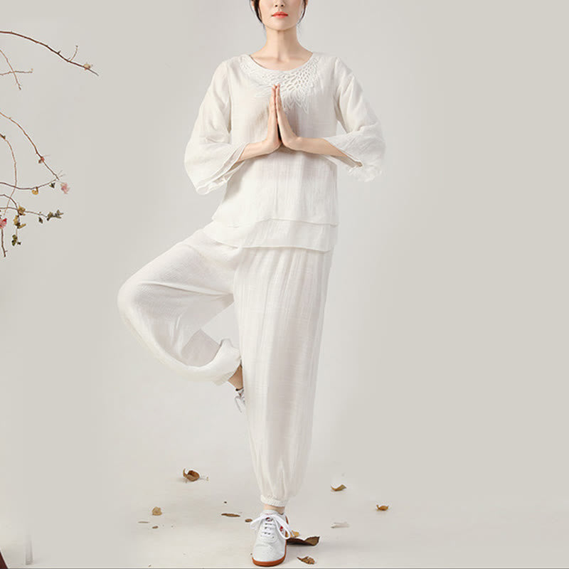 Conjunto de ropa de uniforme de Tai Chi para mujer, 2 uds., manga larga, botón de rana, meditación, oración, práctica Zen, Buddha Stones - Conjunto blanco de cuello redondo (top y pantalón) - US8-10，UK/AU12-14，EU40-42 (2XL) - image 11