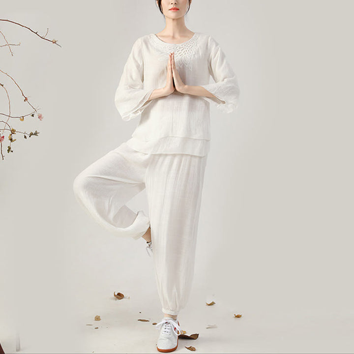 Conjunto de ropa de uniforme de Tai Chi para mujer, 2 uds., manga larga, botón de rana, meditación, oración, práctica Zen, Buddha Stones - Conjunto blanco de cuello redondo (top y pantalón) - US8-10，UK/AU12-14，EU40-42 (2XL) - image 11