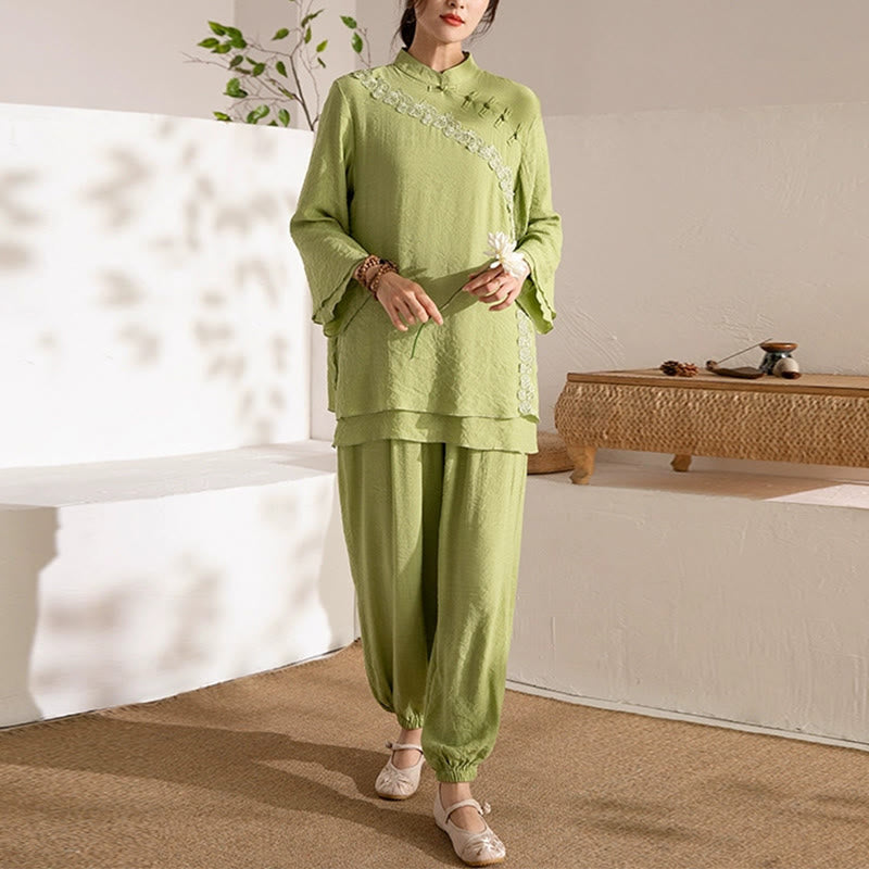 Conjunto de ropa de uniforme de Tai Chi para mujer, 2 uds., manga larga, botón de rana, meditación, oración, práctica Zen, Buddha Stones - Botón lateral verde tipo rana (parte superior y pantalón) - US8-10，UK/AU12-14，EU40-42 (2XL) - image 21