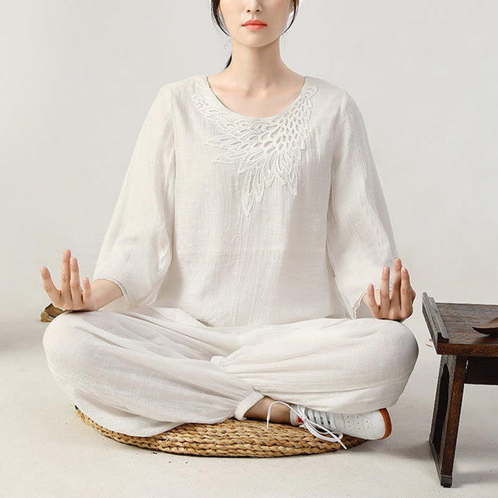 Conjunto de ropa de uniforme de Tai Chi para mujer, 2 uds., manga larga, botón de rana, meditación, oración, práctica Zen, Buddha Stones - image 12