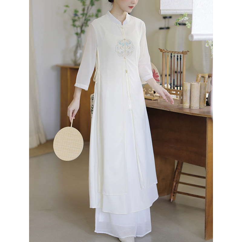 Vestido midi Cheongsam de gasa con bordado de Buddha Stones , pantalones de pierna ancha, ropa de práctica Zen de meditación - image 10