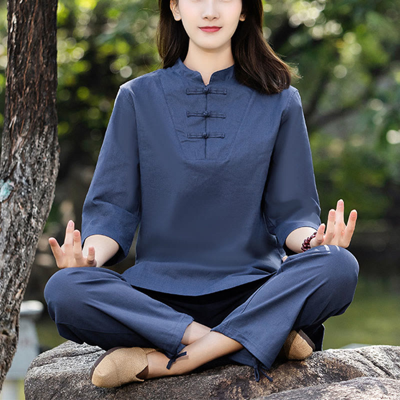 Buddha Stones 2 uds camisa de media manga Top pantalones meditación Zen Tai Chi ropa de lino de algodón conjunto de mujer - Azul (Top y pantalones) - US8-10，UK/AU12-14，EU40-42 (2XL) - image 0