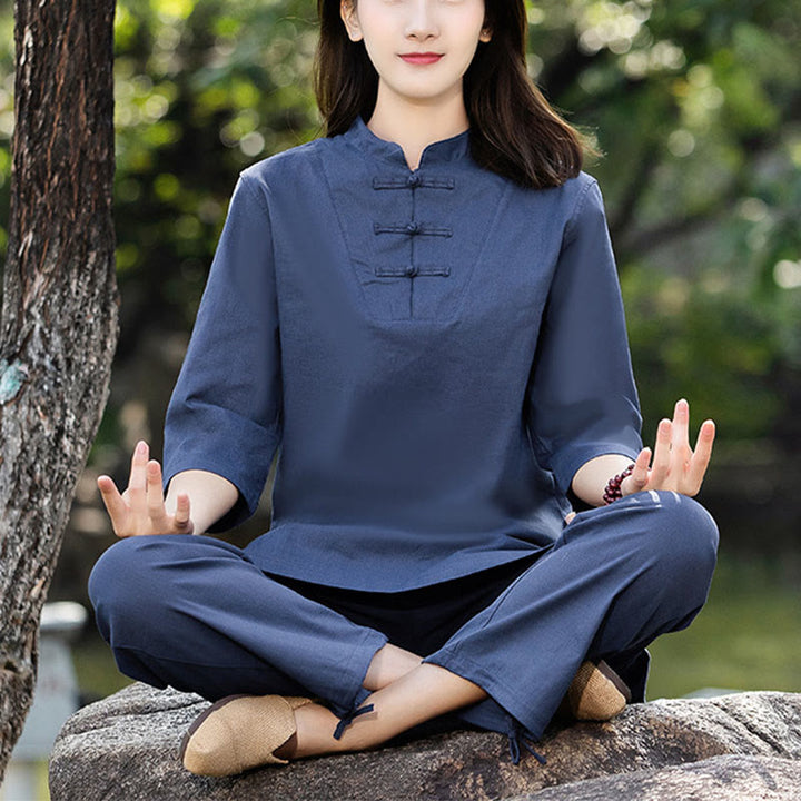 Buddha Stones 2 uds camisa de media manga Top pantalones meditación Zen Tai Chi ropa de lino de algodón conjunto de mujer - Azul (Top y pantalones) - US8-10，UK/AU12-14，EU40-42 (2XL) - image 0