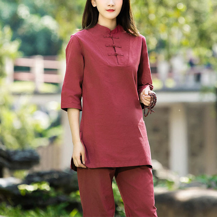 Buddha Stones 2 uds camisa de media manga Top pantalones meditación Zen Tai Chi ropa de lino de algodón conjunto de mujer - Rojo (Top y pantalones) - US8-10，UK/AU12-14，EU40-42 (2XL) - image 2