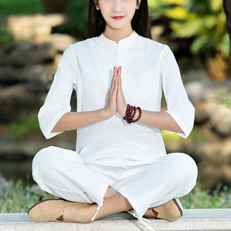 Buddha Stones 2 uds camisa de media manga Top pantalones meditación Zen Tai Chi ropa de lino de algodón conjunto de mujer - Blanco (Top y pantalones) - US8-10，UK/AU12-14，EU40-42 (2XL) - image 12