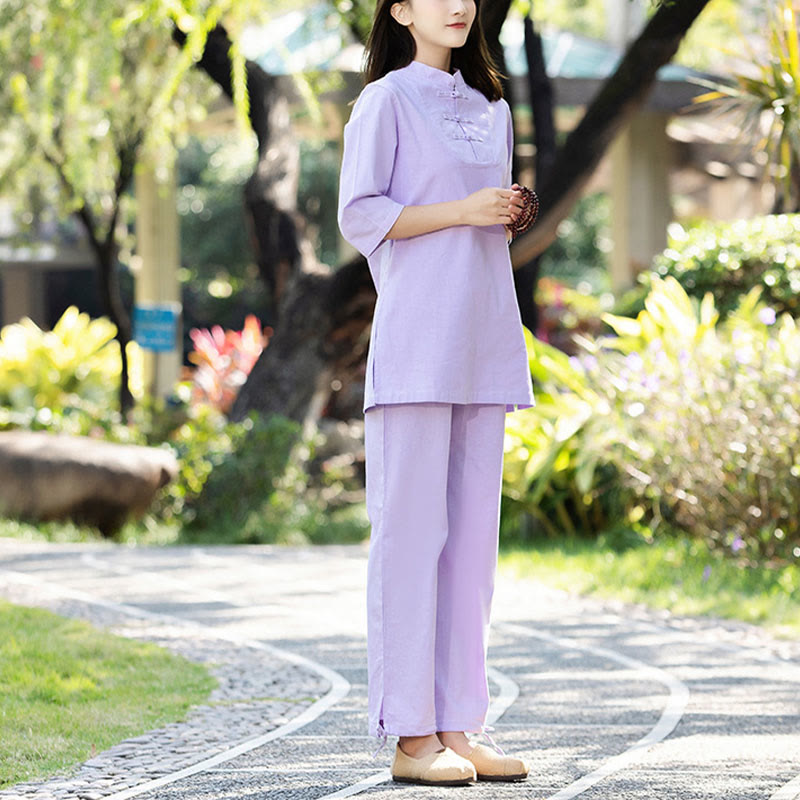 Buddha Stones 2 uds camisa de media manga Top pantalones meditación Zen Tai Chi ropa de lino de algodón conjunto de mujer - Morado (Top y pantalones) - US8-10，UK/AU12-14，EU40-42 (2XL) - image 9