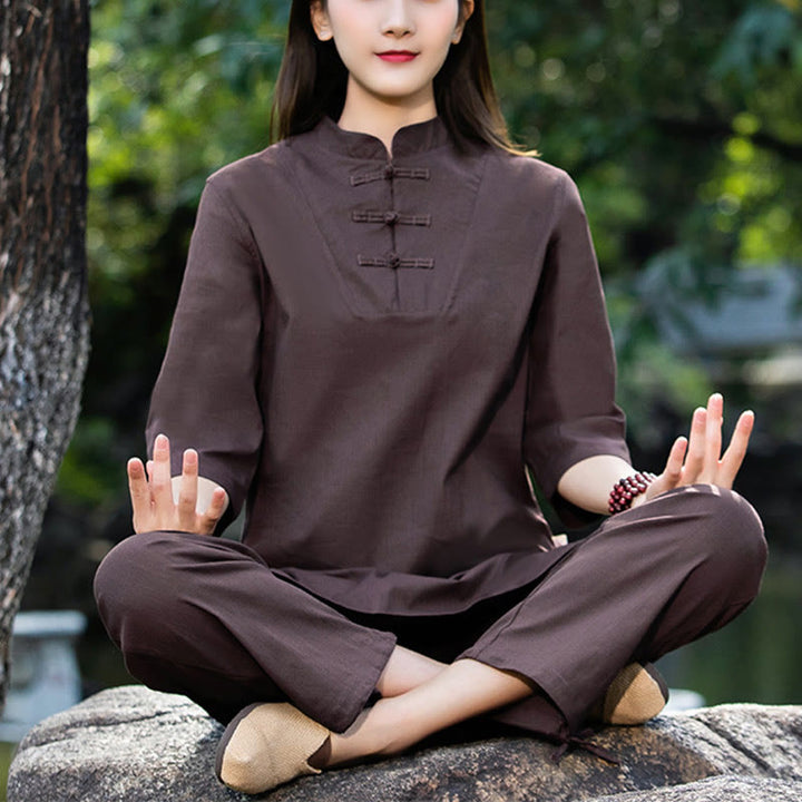 Buddha Stones 2 uds camisa de media manga Top pantalones meditación Zen Tai Chi ropa de lino de algodón conjunto de mujer - Marrón (Top y pantalones) - US8-10，UK/AU12-14，EU40-42 (2XL) - image 22