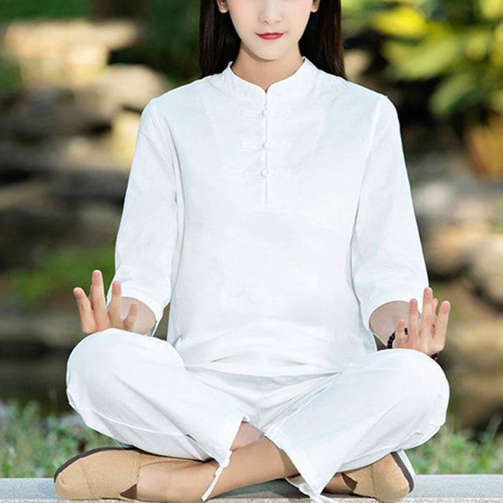 Buddha Stones 2 uds camisa de media manga Top pantalones meditación Zen Tai Chi ropa de lino de algodón conjunto de mujer - image 13