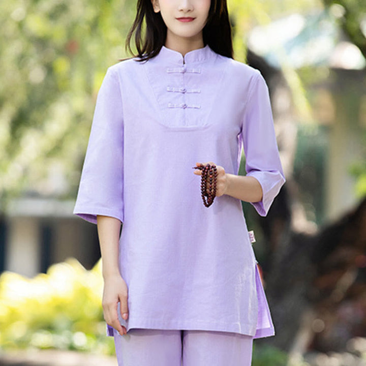 Buddha Stones 2 uds camisa de media manga Top pantalones meditación Zen Tai Chi ropa de lino de algodón conjunto de mujer - image 10