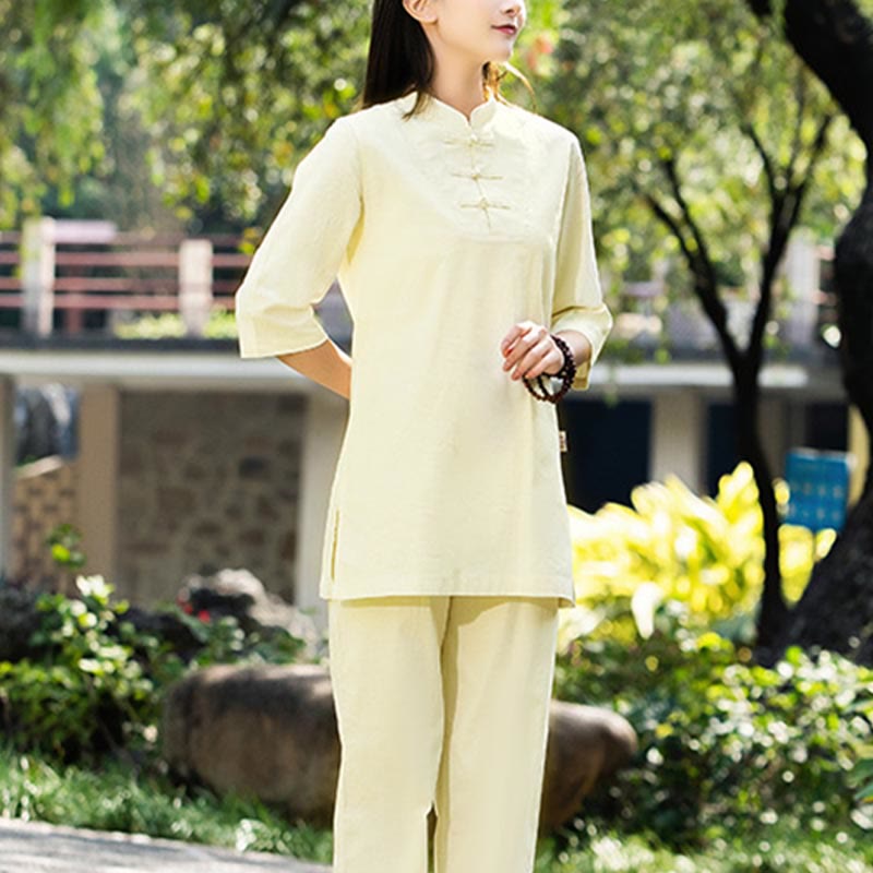 Buddha Stones 2 uds camisa de media manga Top pantalones meditación Zen Tai Chi ropa de lino de algodón conjunto de mujer - image 20