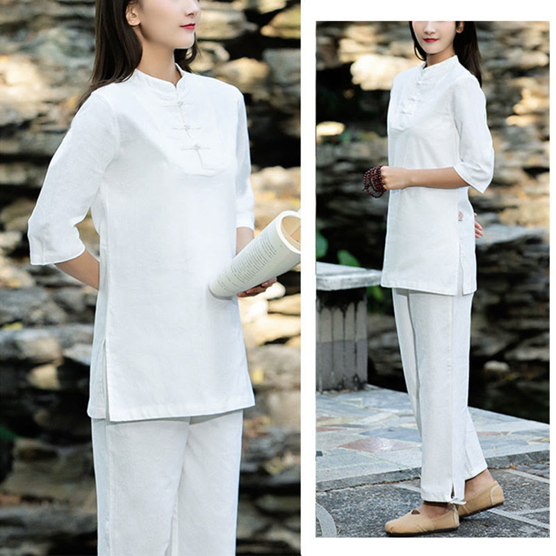 Buddha Stones 2 uds camisa de media manga Top pantalones meditación Zen Tai Chi ropa de lino de algodón conjunto de mujer - image 14