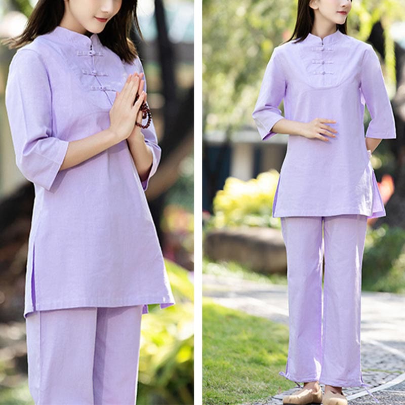 Buddha Stones 2 uds camisa de media manga Top pantalones meditación Zen Tai Chi ropa de lino de algodón conjunto de mujer - image 11