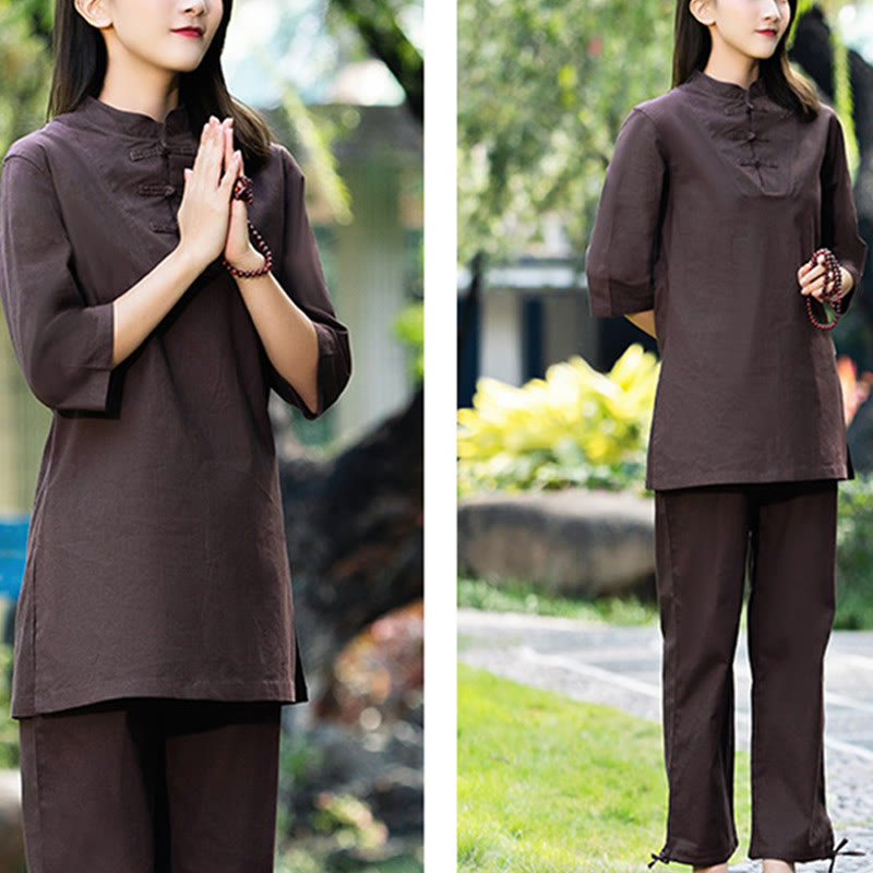 Buddha Stones 2 uds camisa de media manga Top pantalones meditación Zen Tai Chi ropa de lino de algodón conjunto de mujer - image 23