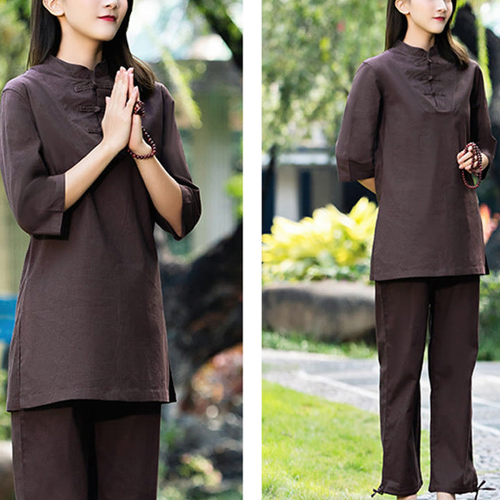 Buddha Stones 2 uds camisa de media manga Top pantalones meditación Zen Tai Chi ropa de lino de algodón conjunto de mujer - image 23