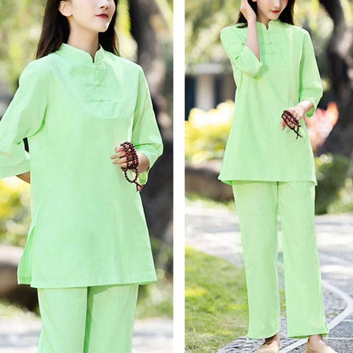 Buddha Stones 2 uds camisa de media manga Top pantalones meditación Zen Tai Chi ropa de lino de algodón conjunto de mujer - image 8