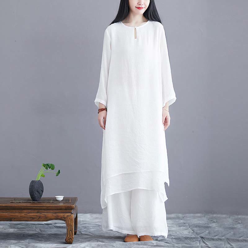 Conjunto de 2 piezas de vestido midi liso con estampado de Buddha Stones y pantalones de pierna ancha para meditación, práctica espiritual zen, yoga y danza. - Conjunto de 2 piezas blanco (vestido y pantalón) - US12, UK/AU16, EU44 (2XL)  - image 0