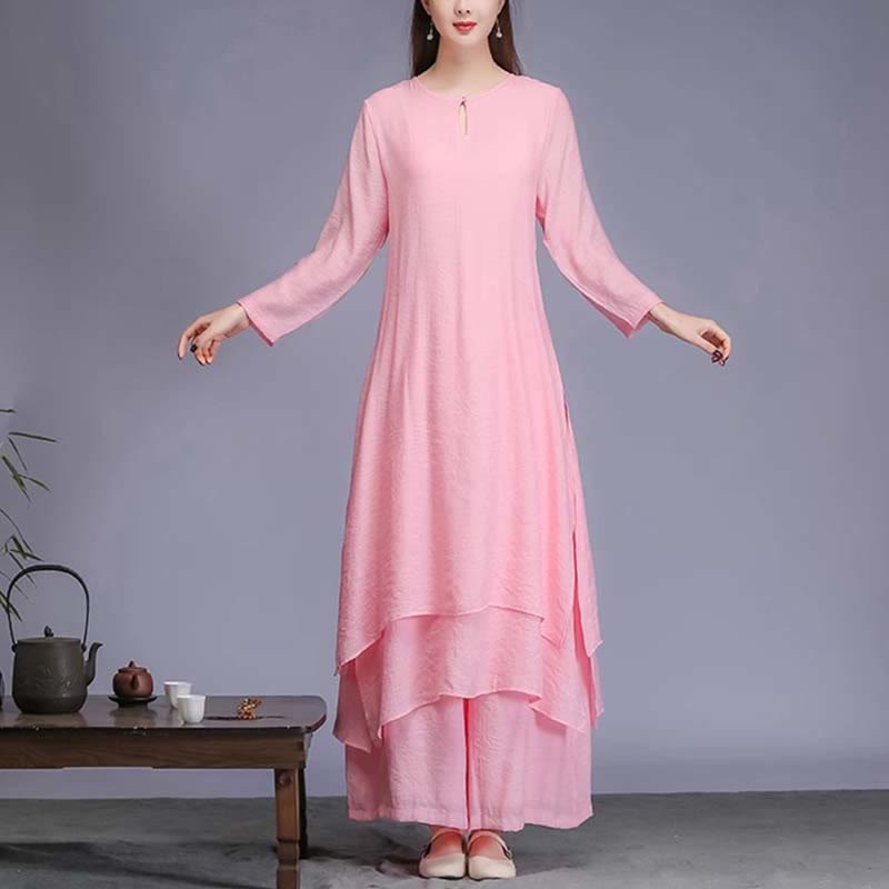 Buddha Stones 2 uds vestido Midi de Color sólido pantalones de pierna ancha meditación espiritual Zen práctica Yoga danza ropa - Conjunto de 2 piezas rosa (vestido y pantalón) - US12, UK/AU16, EU44 (2XL)  - image 12