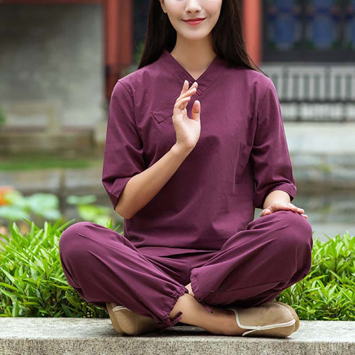 Buddha Stones 2 uds media manga cuello en V camisa Top pantalones meditación Zen Tai Chi ropa de lino conjunto de mujer - Borgoña (Top y pantalón) - US8-10，UK/AU12-14，EU40-42 (2XL) - image 12