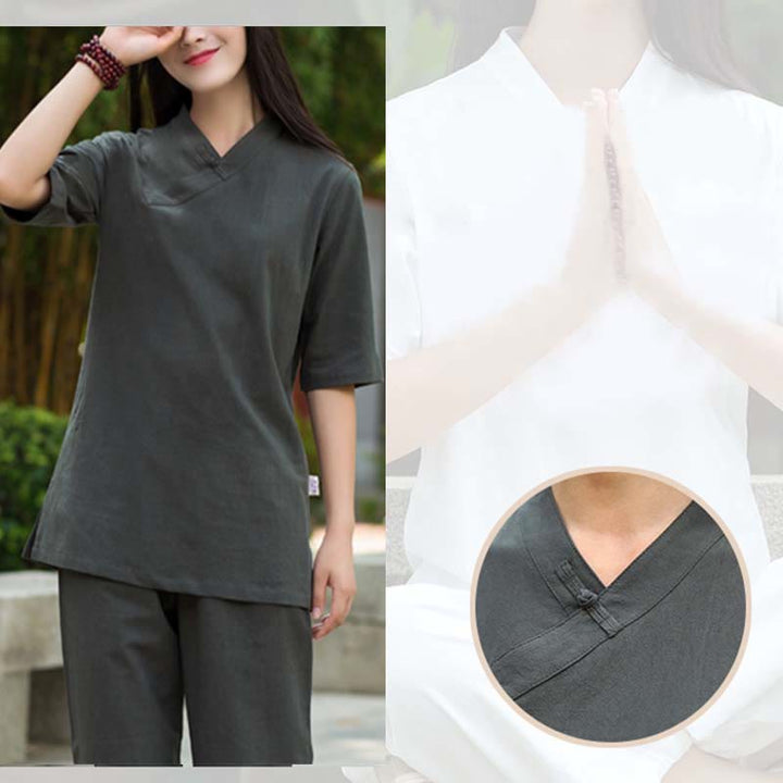 Buddha Stones 2 uds media manga cuello en V camisa Top pantalones meditación Zen Tai Chi ropa de lino conjunto de mujer - image 19