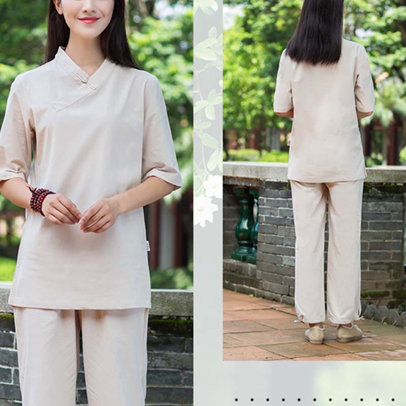 Buddha Stones 2 uds media manga cuello en V camisa Top pantalones meditación Zen Tai Chi ropa de lino conjunto de mujer - image 2