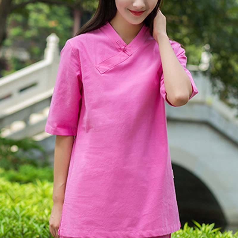 Buddha Stones 2 uds media manga cuello en V camisa Top pantalones meditación Zen Tai Chi ropa de lino conjunto de mujer - image 16