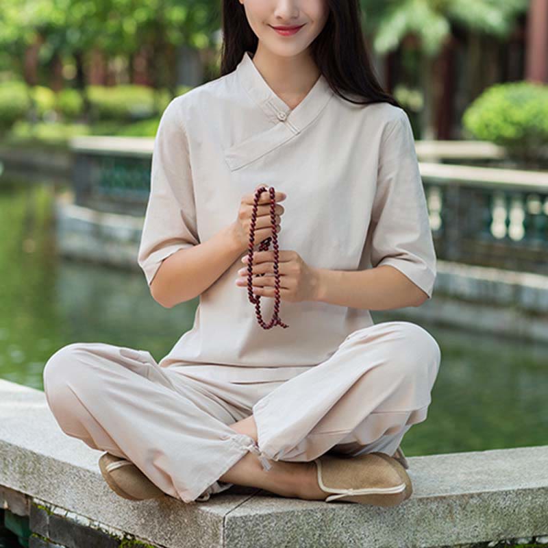 Buddha Stones 2 uds media manga cuello en V camisa Top pantalones meditación Zen Tai Chi ropa de lino conjunto de mujer - image 1