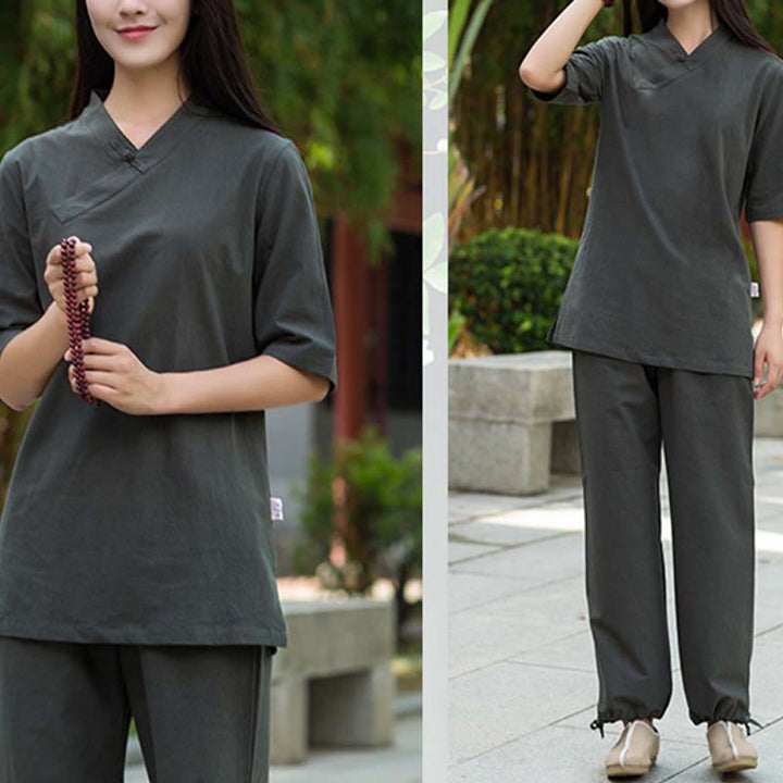 Buddha Stones 2 uds media manga cuello en V camisa Top pantalones meditación Zen Tai Chi ropa de lino conjunto de mujer - image 18