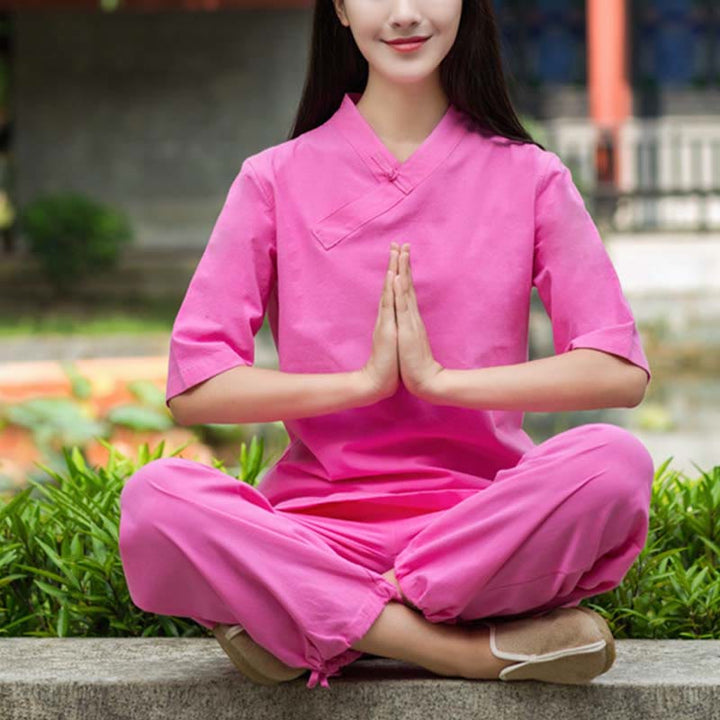 Buddha Stones 2 uds media manga cuello en V camisa Top pantalones meditación Zen Tai Chi ropa de lino conjunto de mujer - image 15