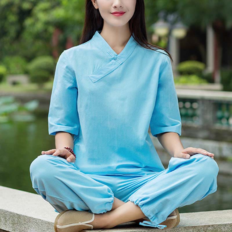 Buddha Stones 2 uds media manga cuello en V camisa Top pantalones meditación Zen Tai Chi ropa de lino conjunto de mujer - image 10