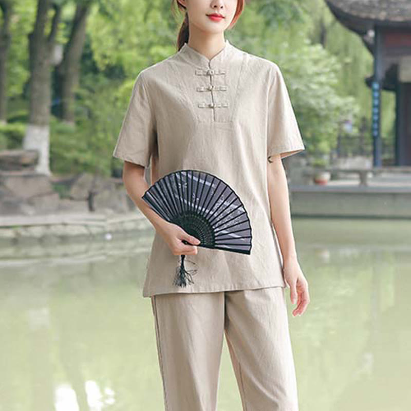 Conjunto de ropa de algodón y lino para mujer con Buddha Stones, 2 piezas: camiseta de manga corta y pantalón para meditación, estilo zen y tai chi. - image 1
