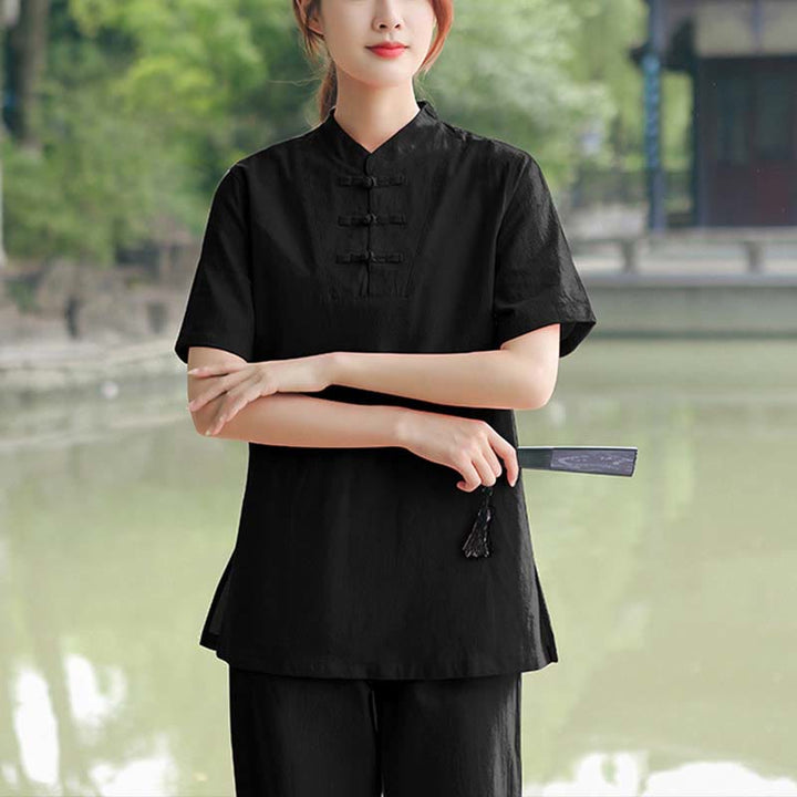 Conjunto de ropa de algodón y lino para mujer con Buddha Stones, 2 piezas: camiseta de manga corta y pantalón para meditación, estilo zen y tai chi. - Negro (Top y pantalón) - US18, UK/AU22, EU50 (6XL) - image 12
