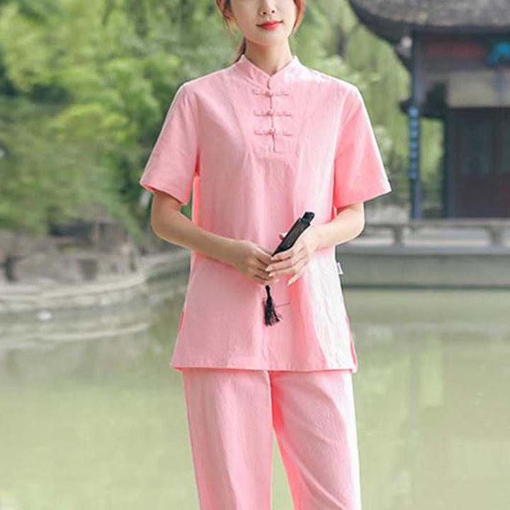 Conjunto de ropa de algodón y lino para mujer con Buddha Stones, 2 piezas: camiseta de manga corta y pantalón para meditación, estilo zen y tai chi. - Rosa (Top y pantalón) - US18, UK/AU22, EU50 (6XL) - image 10