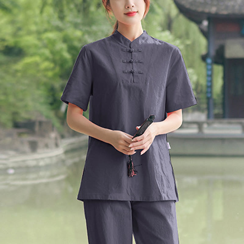 Buddha Stones - Conjunto de ropa de lino y algodón para mujer, 2 piezas, camiseta de manga corta, pantalones, meditación Zen Tai Chi