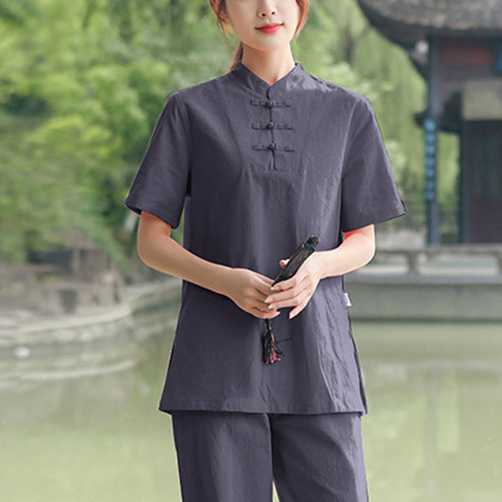 Buddha Stones - Conjunto de ropa de lino y algodón para mujer, 2 piezas, camiseta de manga corta, pantalones, meditación Zen Tai Chi