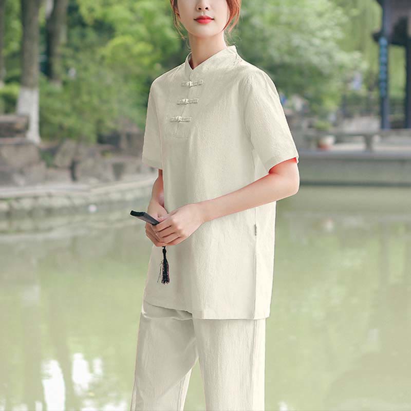 Conjunto de ropa de algodón y lino para mujer con Buddha Stones, 2 piezas: camiseta de manga corta y pantalón para meditación, estilo zen y tai chi. - Beige (Top y pantalón) - US18, UK/AU22, EU50 (6XL) - image 4