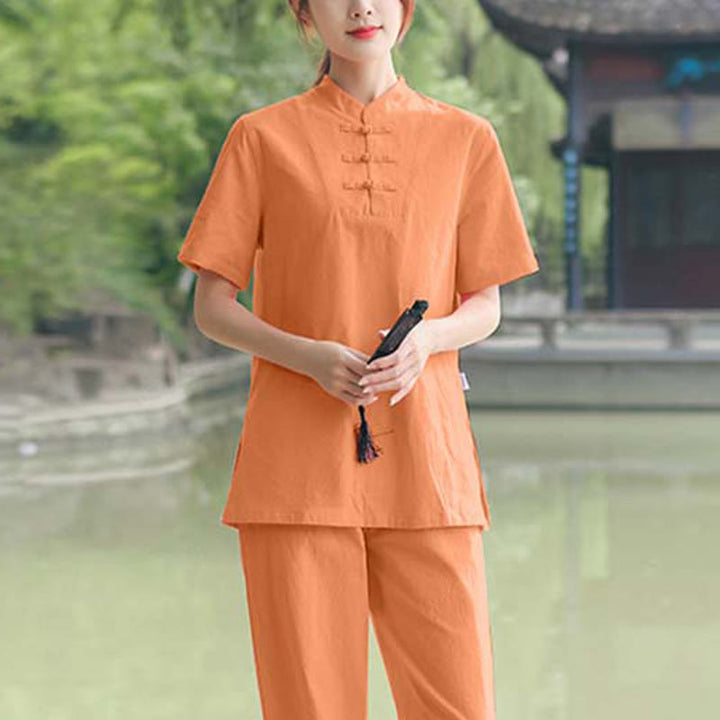Buddha Stones - Conjunto de ropa de lino y algodón para mujer, 2 piezas, camiseta de manga corta, pantalones, meditación Zen Tai Chi