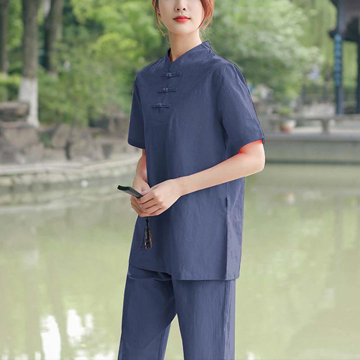 Conjunto de ropa de algodón y lino para mujer con Buddha Stones, 2 piezas: camiseta de manga corta y pantalón para meditación, estilo zen y tai chi. - Azul oscuro (camiseta y pantalón) - US18, UK/AU22, EU50 (6XL) - image 8