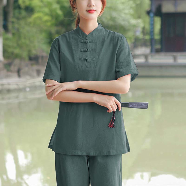 Conjunto de ropa de algodón y lino para mujer con Buddha Stones, 2 piezas: camiseta de manga corta y pantalón para meditación, estilo zen y tai chi. - Verde oscuro (camiseta y pantalón) - US18, UK/AU22, EU50 (6XL) - image 11