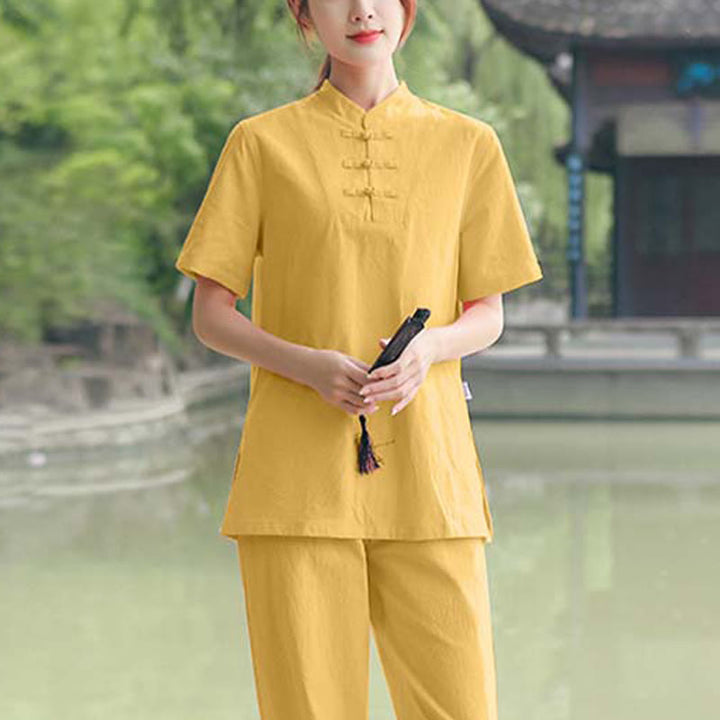 Conjunto de ropa de algodón y lino para mujer con Buddha Stones, 2 piezas: camiseta de manga corta y pantalón para meditación, estilo zen y tai chi. - Amarillo (Top y pantalón) - US18, UK/AU22, EU50 (6XL) - image 7