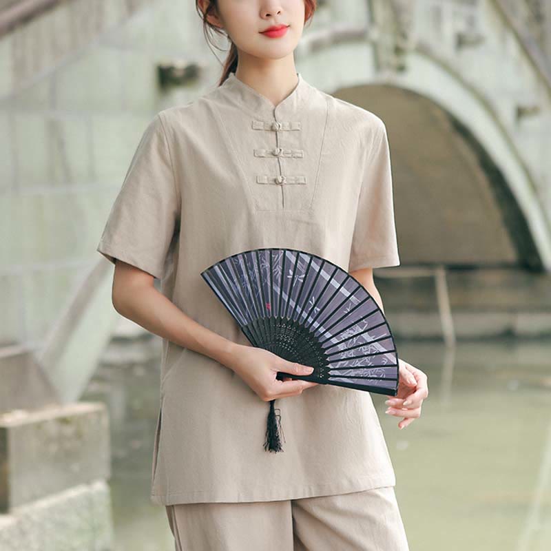Buddha Stones - Conjunto de ropa de lino y algodón para mujer, 2 piezas, camiseta de manga corta, pantalones, meditación Zen Tai Chi - Caqui (camiseta y pantalón) - US18, UK/AU22, EU50 (6XL) - image 0