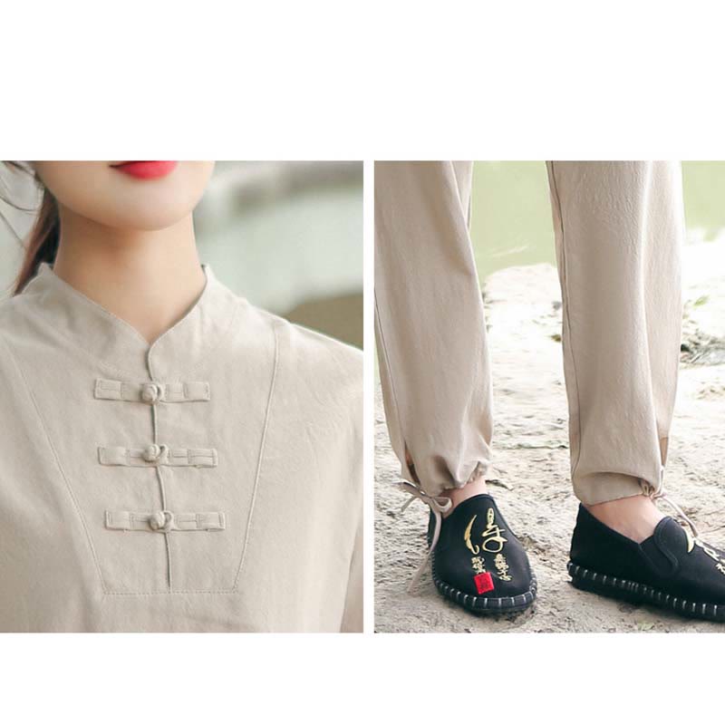 Buddha Stones - Conjunto de ropa de lino y algodón para mujer, 2 piezas, camiseta de manga corta, pantalones, meditación Zen Tai Chi - image 2